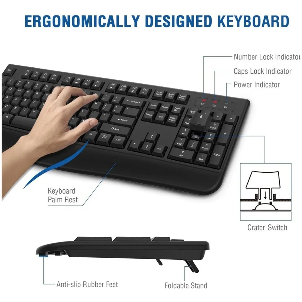 Wireless Keyboard and Mouse Combo, 2.4G Full-Sized Ergonomic Computer Keyboard